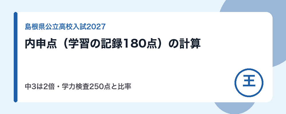 【2027年度】島根県公立高校入試の内申点の計算方法｜学習の記録180点（中3は2倍）と学力検査250点の比率・評点の出し方